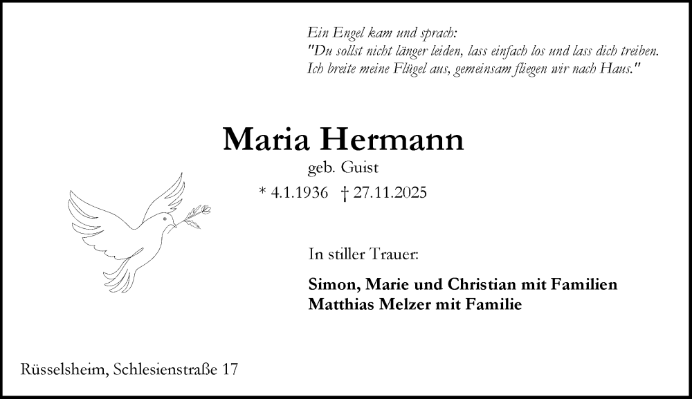  Traueranzeige für Maria Hermann vom 06.12.2025 aus Rüsselsheimer Echo