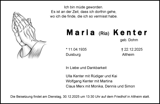 Traueranzeige von Maria Kenter von Darmstädter Echo