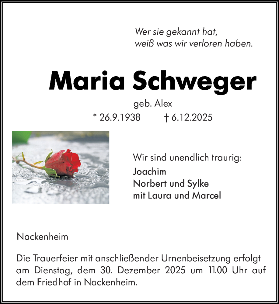  Traueranzeige für Maria Schweger vom 20.12.2025 aus Allgemeine Zeitung Mainz