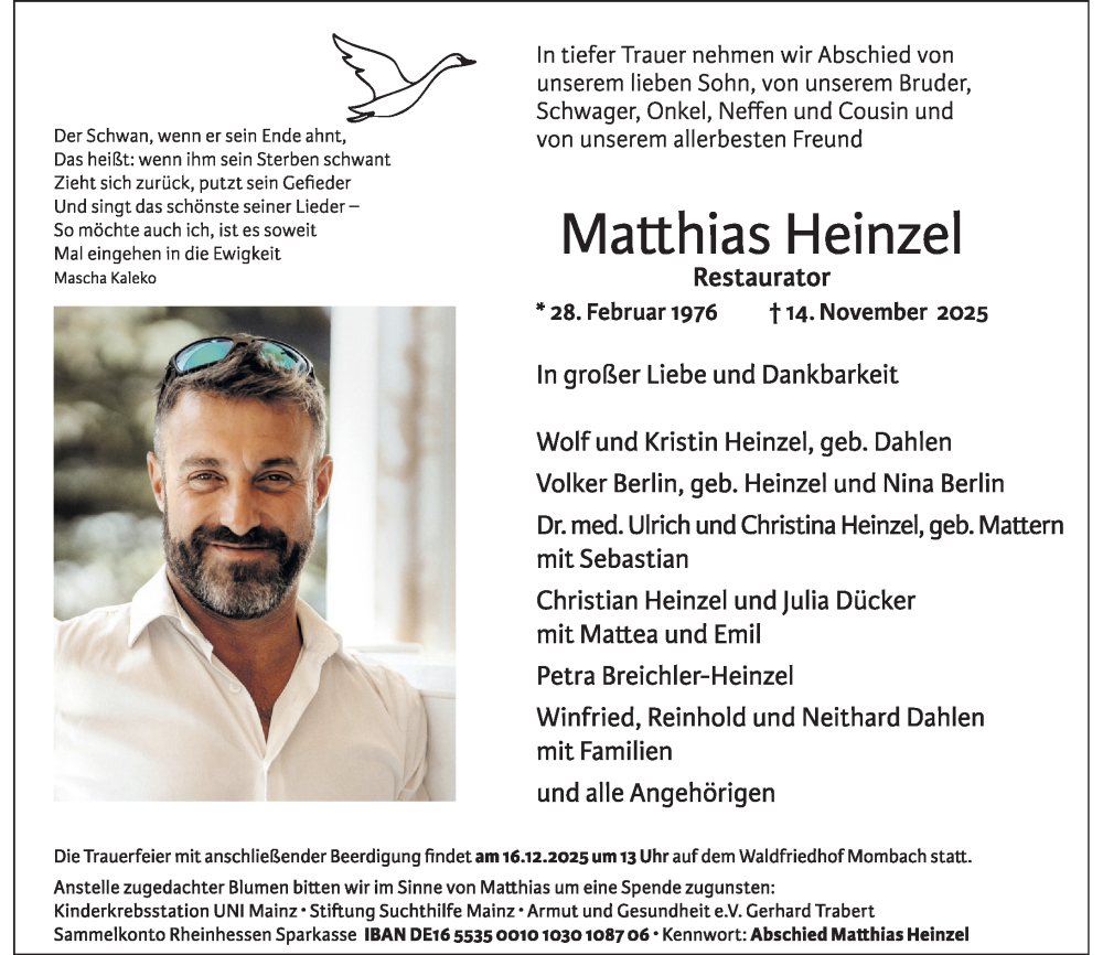  Traueranzeige für Matthias Heinzel vom 06.12.2025 aus Allgemeine Zeitung Mainz