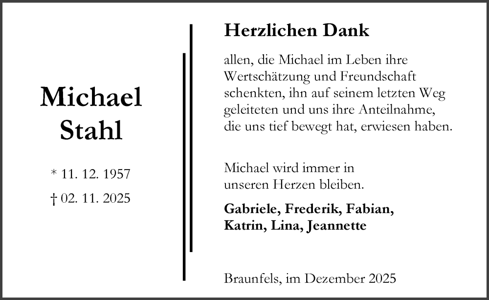  Traueranzeige für Michael Stahl vom 20.12.2025 aus Wetzlarer Neue Zeitung