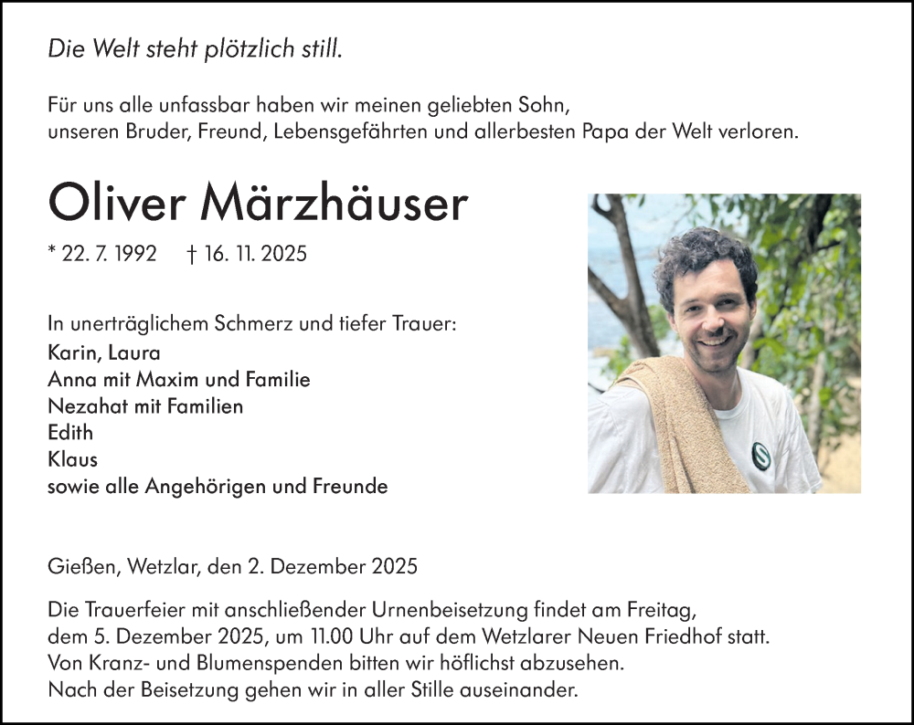  Traueranzeige für Oliver Märzhäuser vom 02.12.2025 aus Wetzlarer Neue Zeitung