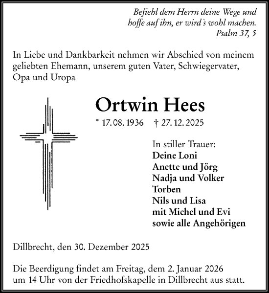 Traueranzeige von Ortwin Hees von Dill Block
