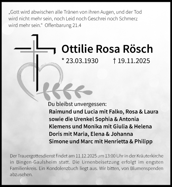 Traueranzeige von Ottilie Rosa Rösch von Binger-/Ingelheimer Wochenblatt