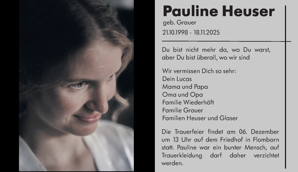  Traueranzeige für Pauline Heuser vom 03.12.2025 aus Allgemeine Zeitung Alzey