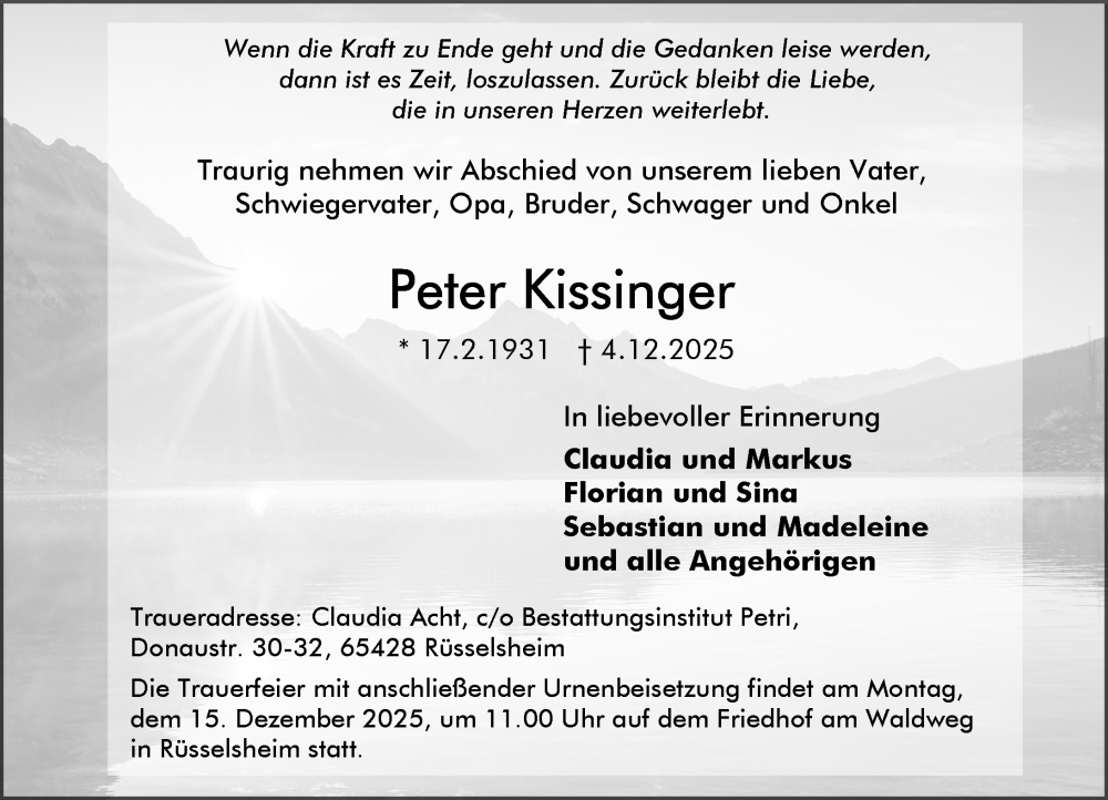  Traueranzeige für Peter Kissinger vom 10.12.2025 aus Rüsselsheimer Echo