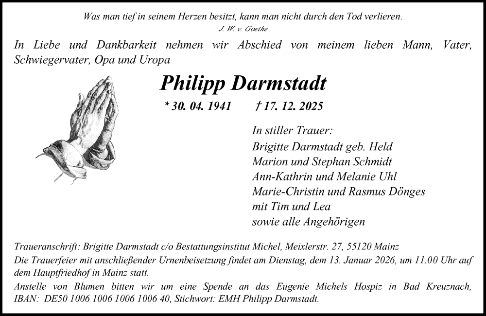  Traueranzeige für Philipp Darmstadt vom 20.12.2025 aus Allgemeine Zeitung Mainz