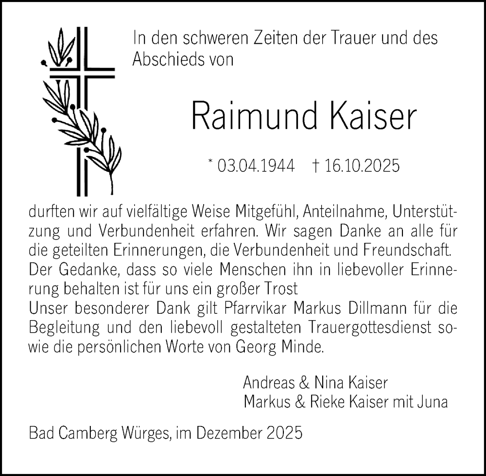  Traueranzeige für Raimund Kaiser vom 18.12.2025 aus Camberger Anzeiger