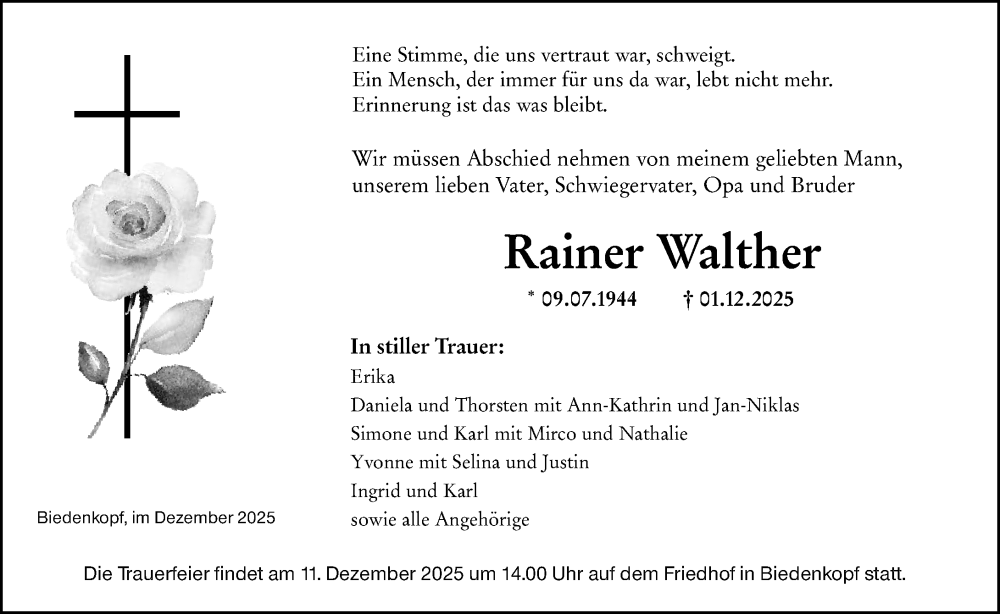  Traueranzeige für Rainer Walther vom 08.12.2025 aus Hinterländer Anzeiger