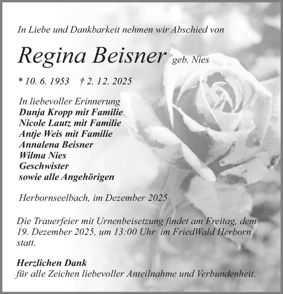 Traueranzeige für Regina Beisner vom 13.12.2025 aus Dill Block