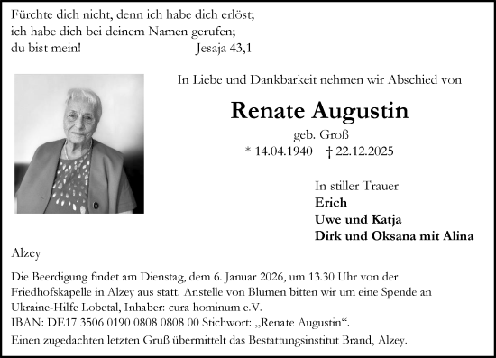 Traueranzeige von Renate Augustin von Allgemeine Zeitung Alzey