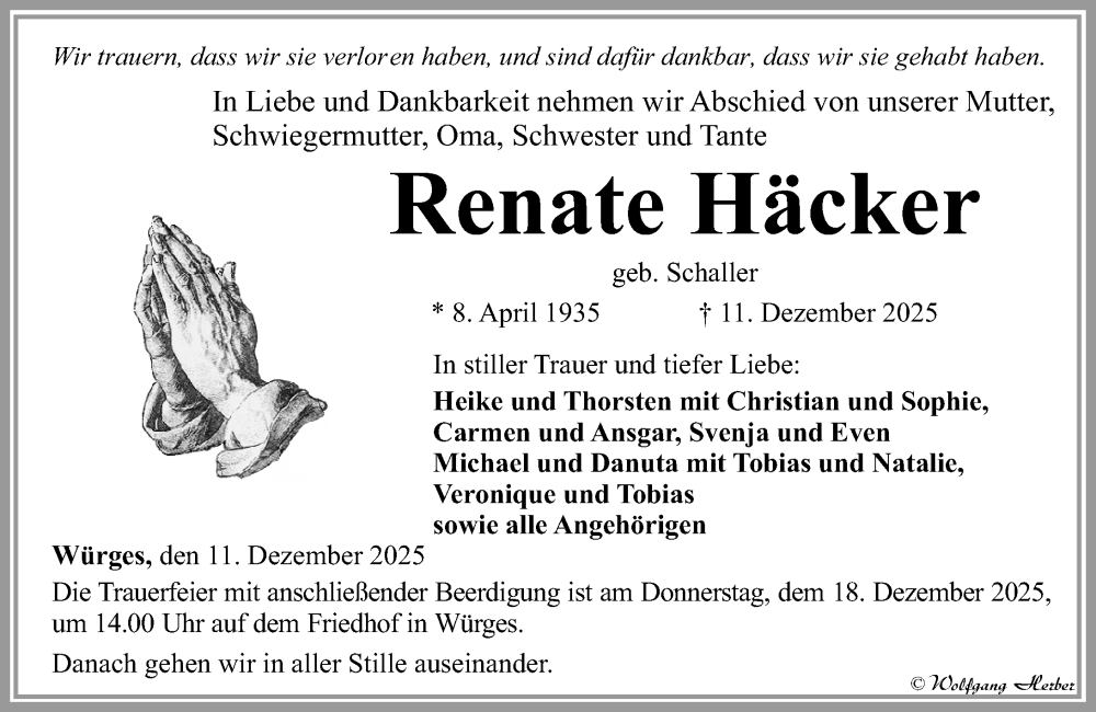  Traueranzeige für Renate Häcker vom 16.12.2025 aus Nassauische Neue Presse
