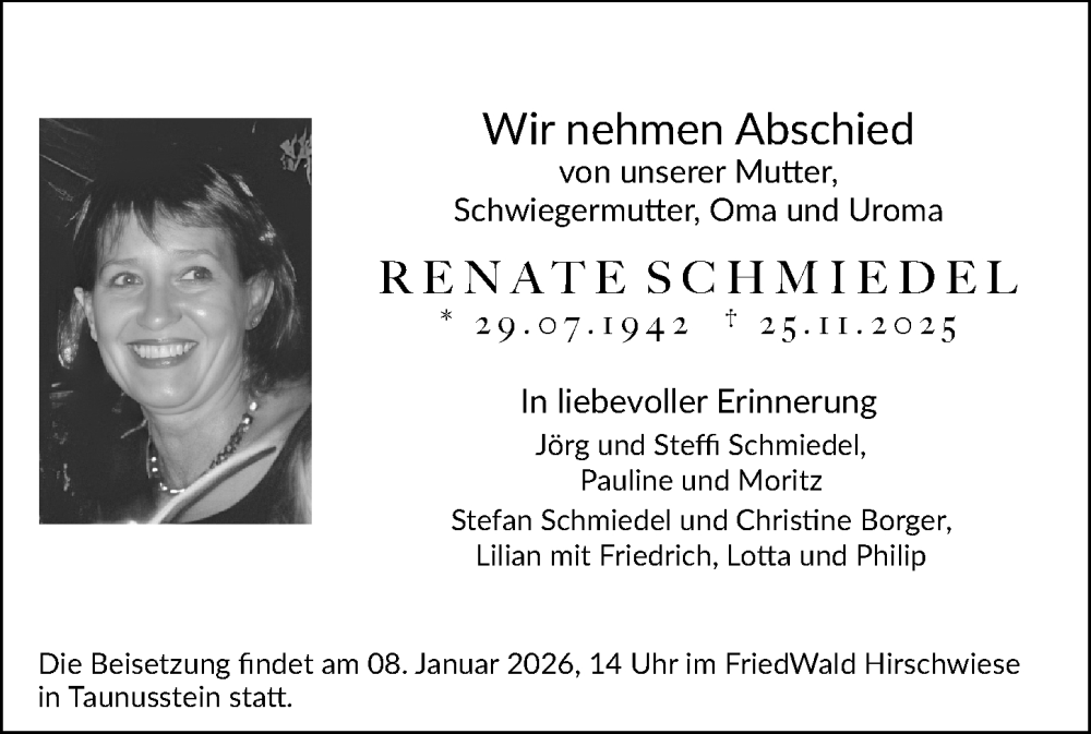  Traueranzeige für Renate Schmiedel vom 13.12.2025 aus Wiesbadener Kurier