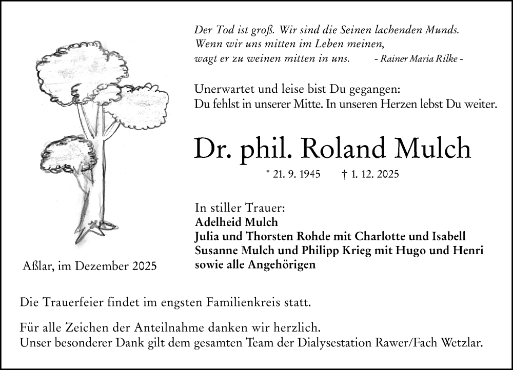  Traueranzeige für Roland Mulch vom 06.12.2025 aus Wetzlarer Neue Zeitung