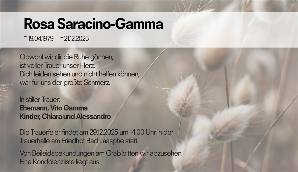  Traueranzeige für Rosa Saracino-Gamma vom 23.12.2025 aus Hinterländer Anzeiger
