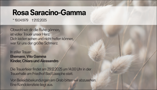Traueranzeige von Rosa Saracino-Gamma von Hinterländer Anzeiger