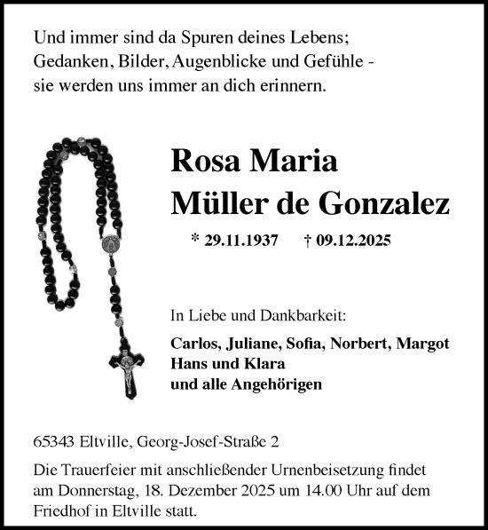 Traueranzeige von Rosa Maria Müller de Gonzalez von Rheingau Kurier