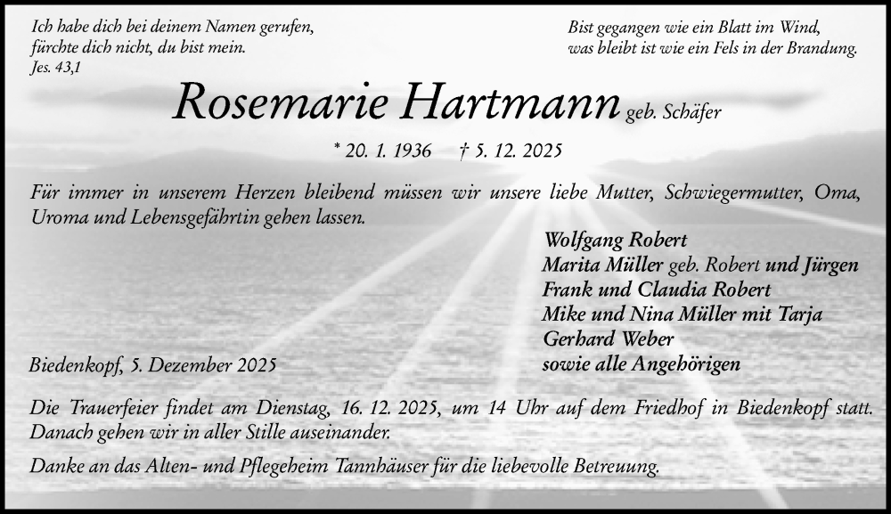  Traueranzeige für Rosemarie Hartmann vom 12.12.2025 aus Hinterländer Anzeiger