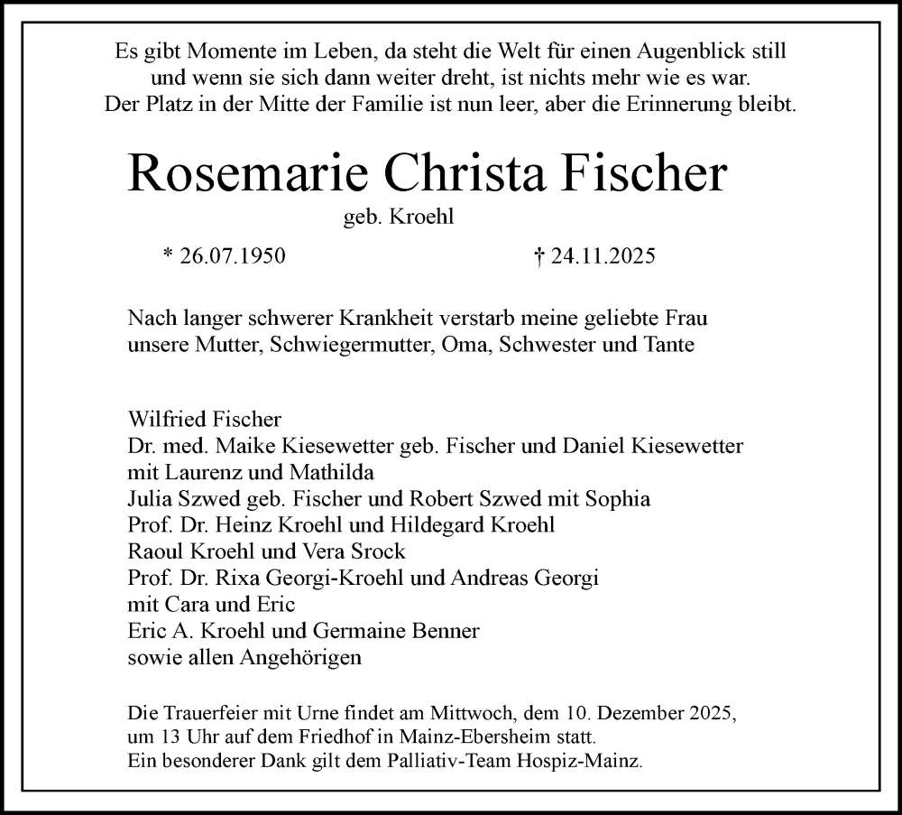  Traueranzeige für Rosemarie Christa Fischer vom 06.12.2025 aus Allgemeine Zeitung Mainz