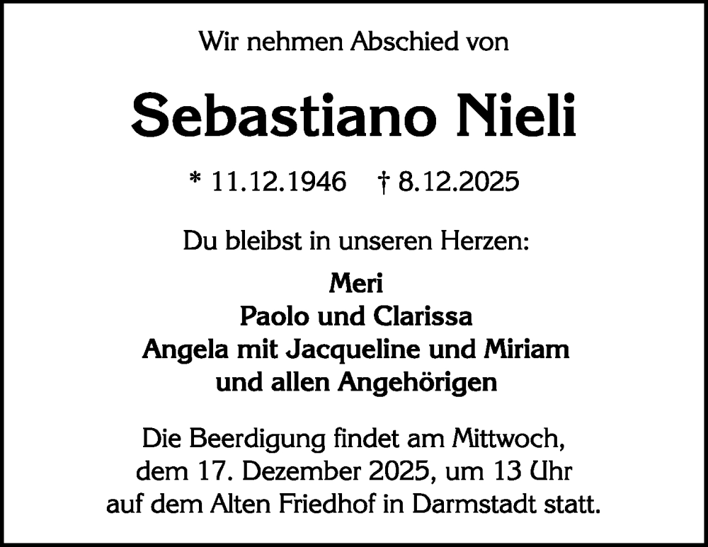  Traueranzeige für Sebastiano Nieli vom 13.12.2025 aus Darmstädter Echo