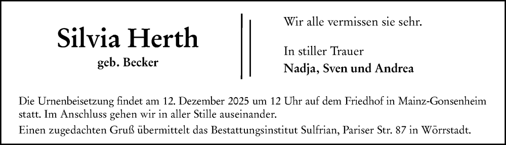  Traueranzeige für Silvia Herth vom 06.12.2025 aus Allgemeine Zeitung Mainz