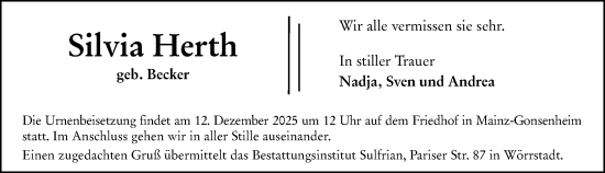 Traueranzeige von Silvia Herth von Allgemeine Zeitung Mainz