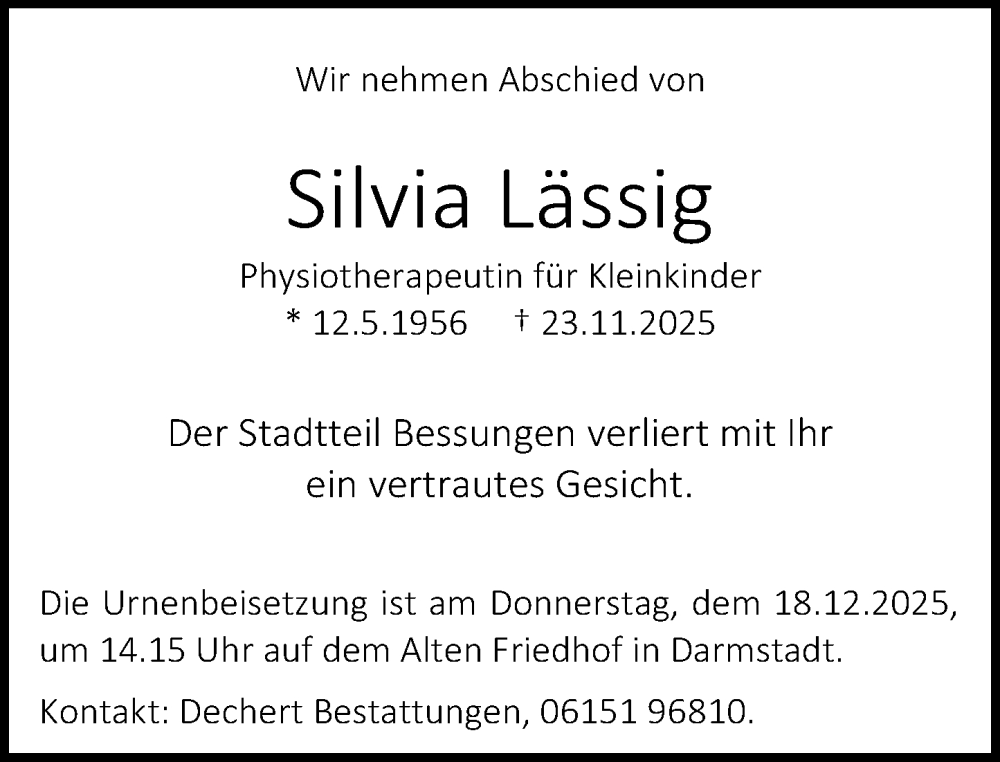  Traueranzeige für Silvia Lässig vom 13.12.2025 aus Darmstädter Echo