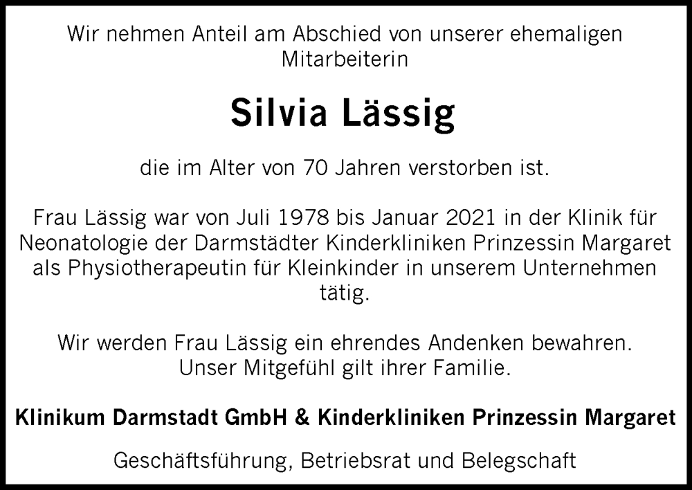  Traueranzeige für Silvia Lässig vom 20.12.2025 aus Darmstädter Echo
