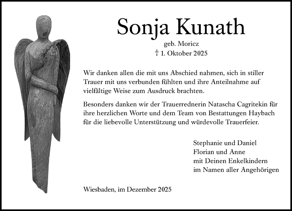  Traueranzeige für Sonja Kunath vom 13.12.2025 aus Wiesbadener Kurier