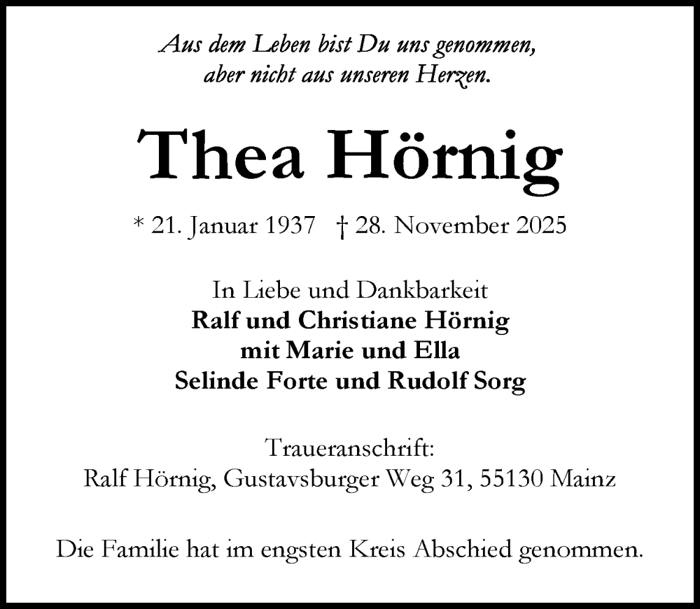  Traueranzeige für Thea Hörnig vom 20.12.2025 aus Rüsselsheimer Echo