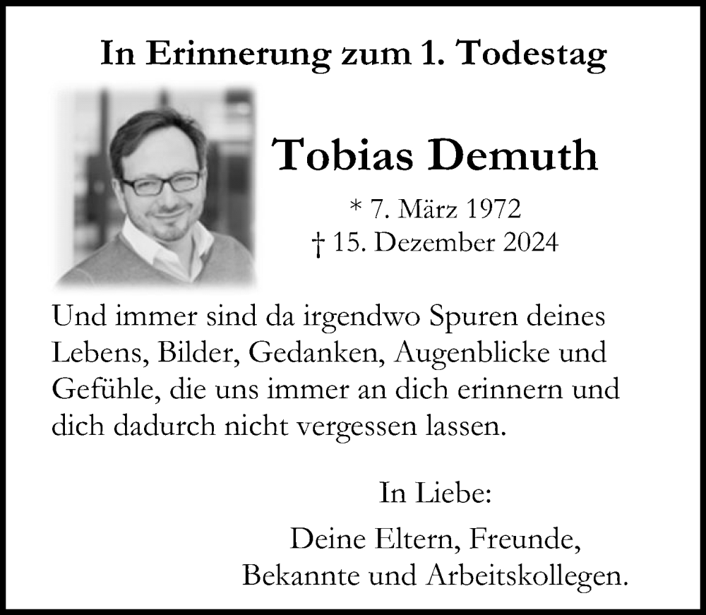  Traueranzeige für Tobias Demuth vom 13.12.2025 aus Allgemeine Zeitung Mainz