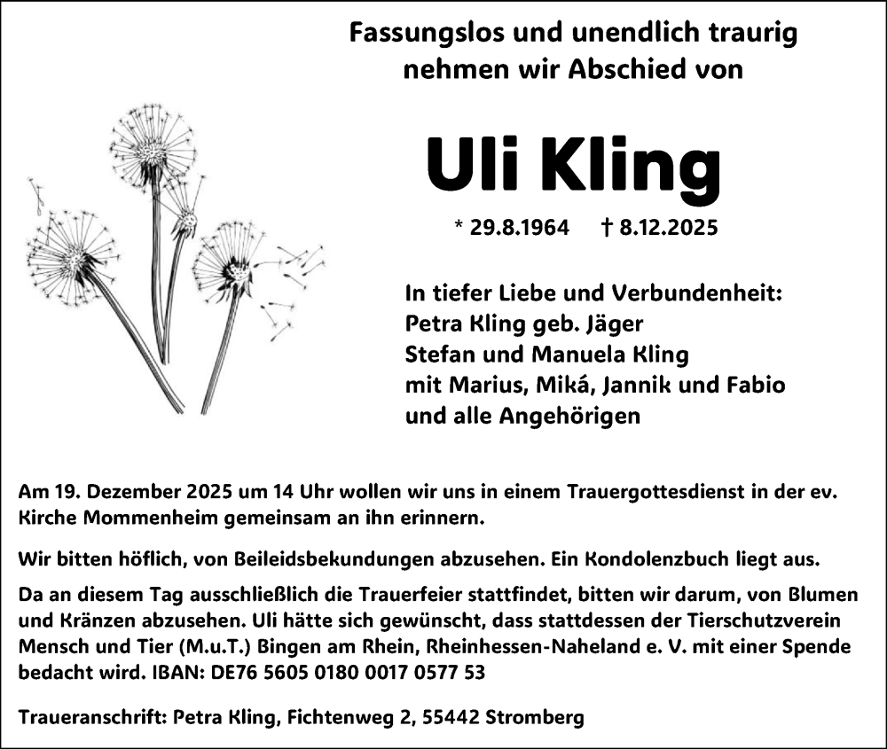  Traueranzeige für Uli Kling vom 13.12.2025 aus Allgemeine Zeitung Mainz