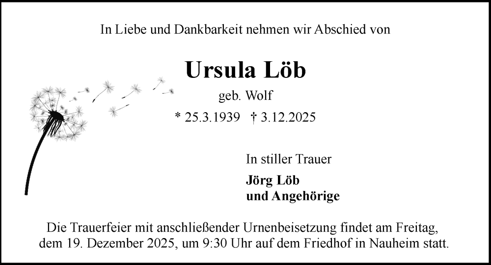  Traueranzeige für Ursula Löb vom 13.12.2025 aus Rüsselsheimer Echo