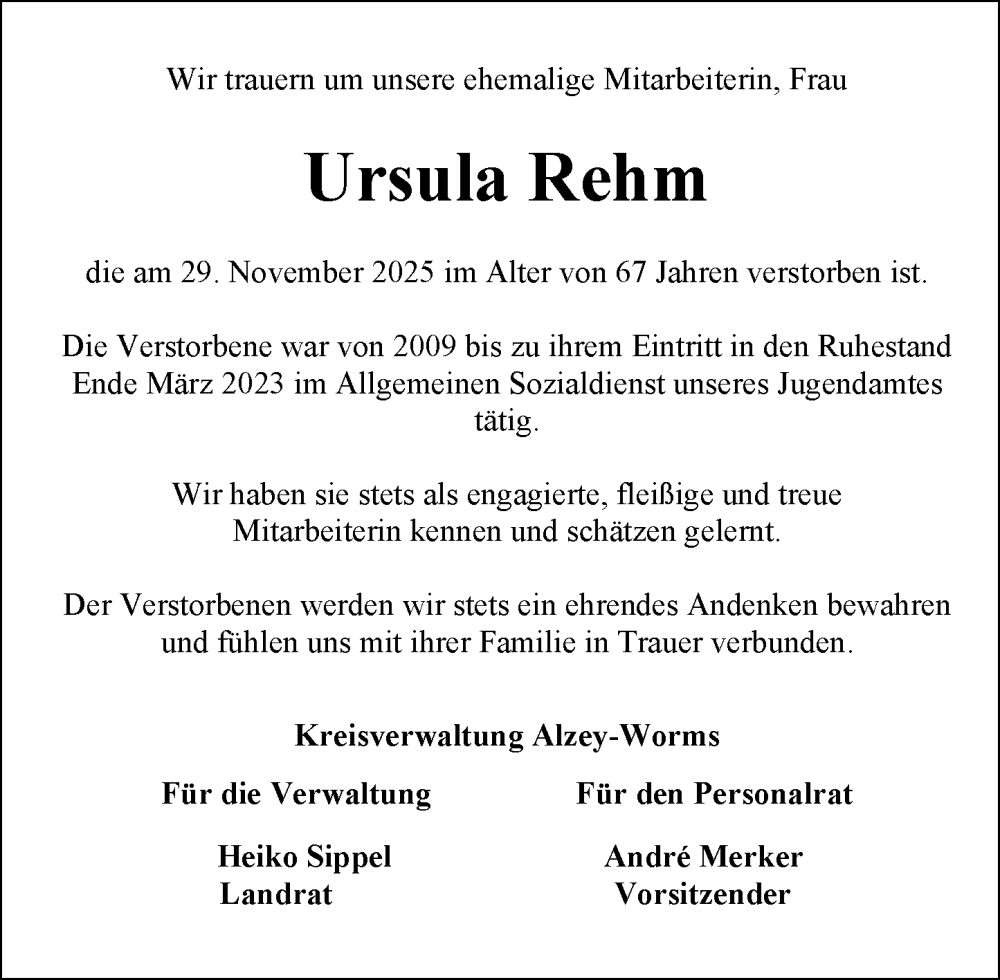  Traueranzeige für Ursula Rehm vom 05.12.2025 aus Allgemeine Zeitung Alzey