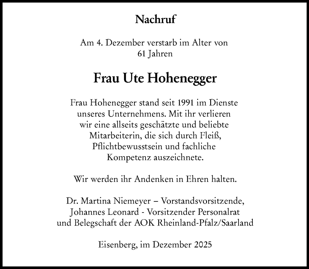  Traueranzeige für Ute Hohenegger vom 13.12.2025 aus Allgemeine Zeitung Mainz