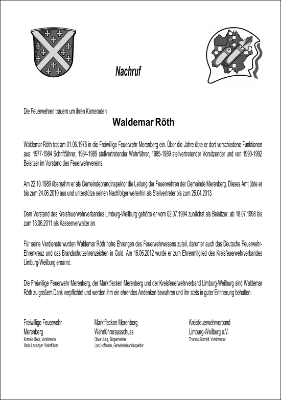Traueranzeige von Waldemar Röth von Weilburger Tageblatt