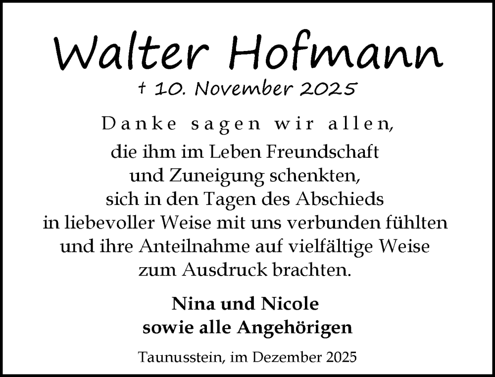  Traueranzeige für Walter Hofmann vom 13.12.2025 aus Wiesbadener Kurier