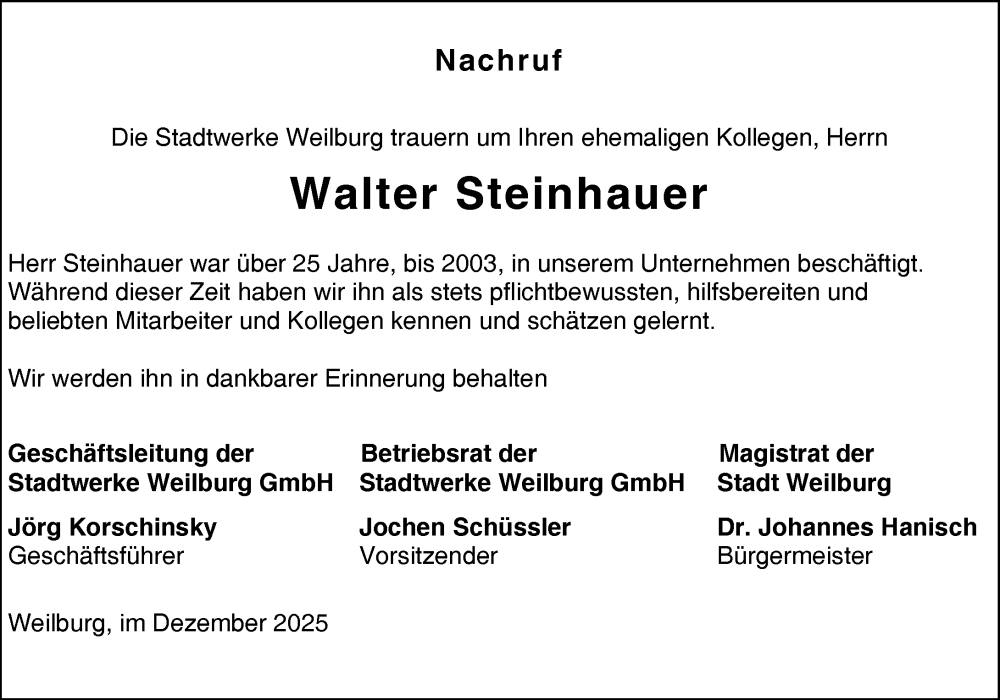  Traueranzeige für Walter Steinhauer vom 13.12.2025 aus Weilburger Tageblatt