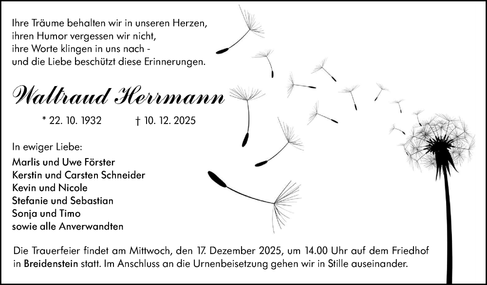  Traueranzeige für Waltraud Herrmann vom 13.12.2025 aus Hinterländer Anzeiger