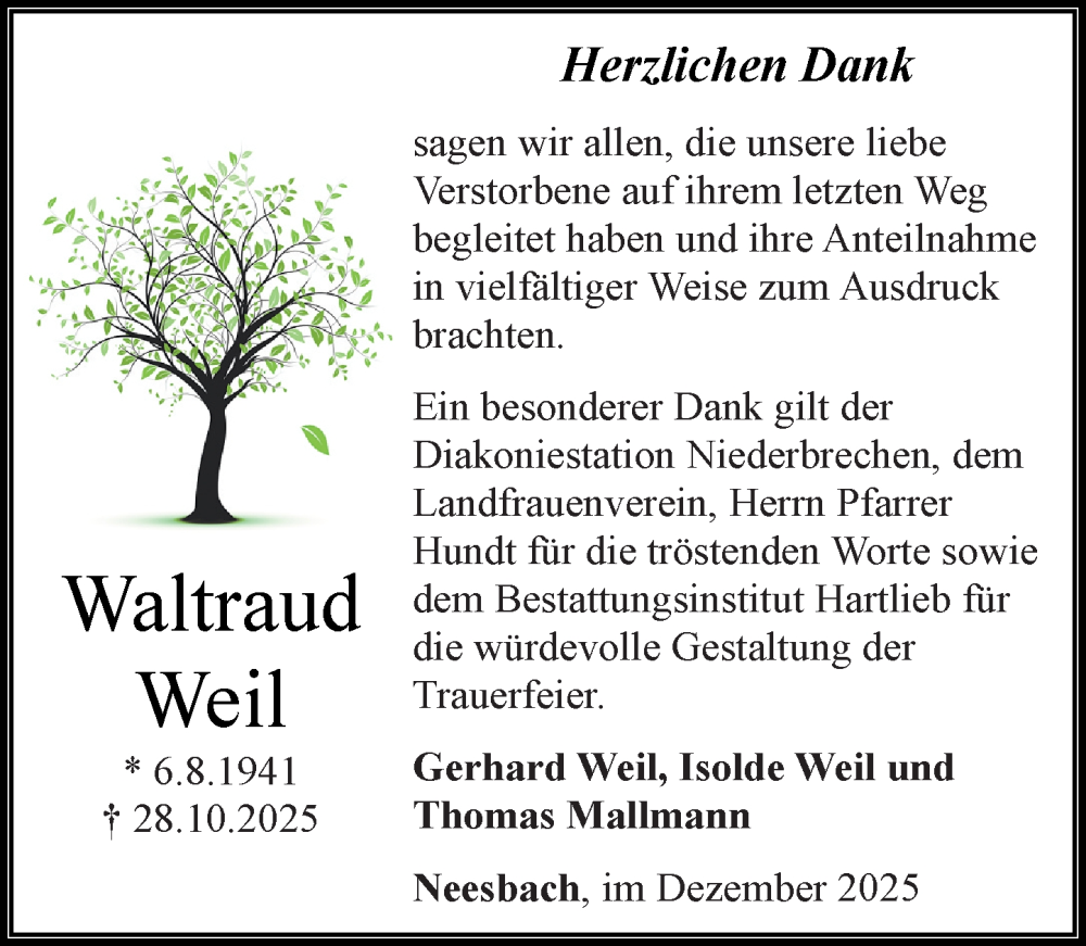  Traueranzeige für Waltraud Weil vom 20.12.2025 aus Nassauische Neue Presse