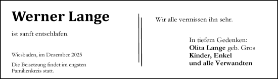 Traueranzeige von Werner Lange von Wiesbadener Kurier