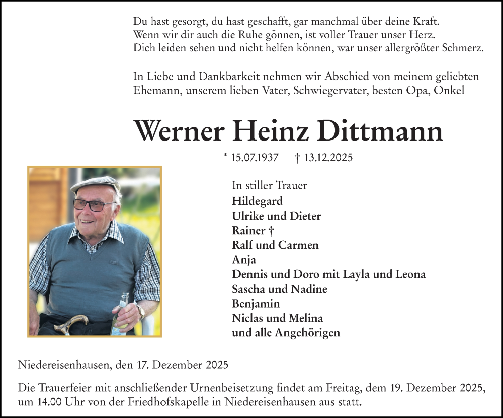  Traueranzeige für Werner Heinz Dittmann vom 17.12.2025 aus Hinterländer Anzeiger