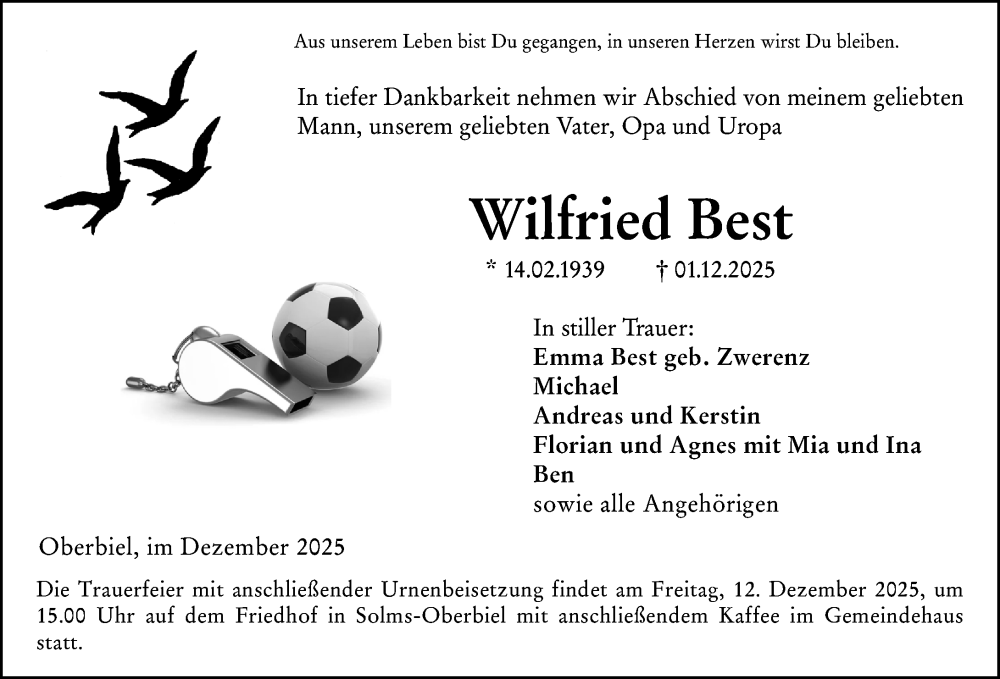 Traueranzeige für Wilfried Best vom 09.12.2025 aus Wetzlarer Neue Zeitung