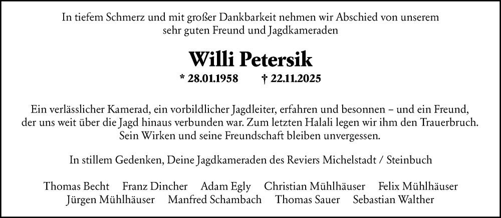  Traueranzeige für Willi Petersik vom 03.12.2025 aus Odenwälder Echo