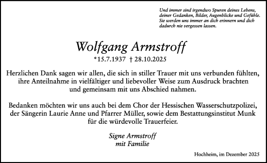 Traueranzeige von Wolfgang Armstroff von Hochheimer Zeitung