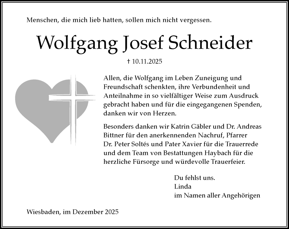  Traueranzeige für Wolfgang Josef Schneider vom 20.12.2025 aus Wiesbadener Kurier