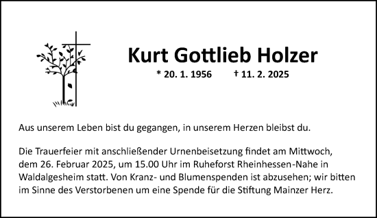 Traueranzeige von Kurt Gottlieb Holzer von Allgemeine Zeitung Mainz