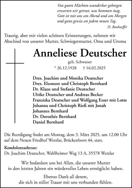 Traueranzeige von Anneliese Deutscher von Wetzlarer Neue Zeitung