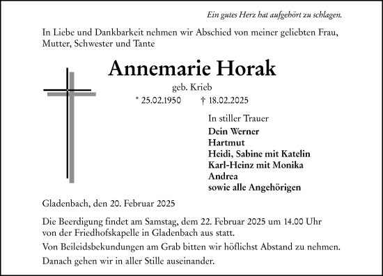 Traueranzeige von Annemarie Horak von Hinterländer Anzeiger