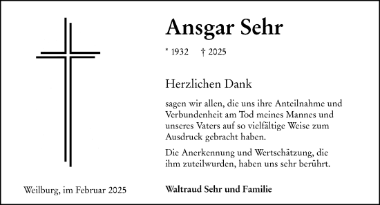 Traueranzeige von Ansgar Sehr von Weilburger Tageblatt